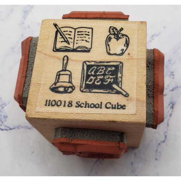 School Days Wood Mounted Rubber Stamp Cube Apples Book Chalkboard - Picture 1 of 8